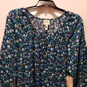 St. John's Bay Blue and Green Floral Peasant Top Blouse Womens Plus 2X